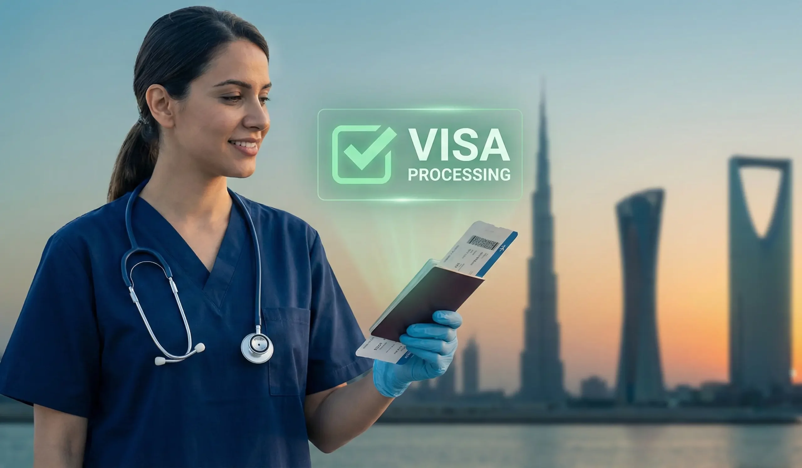 An image showing a nurse ready to travel with a passport, symbolizing successful Visa Processing for GCC countries like UAE and Qatar.