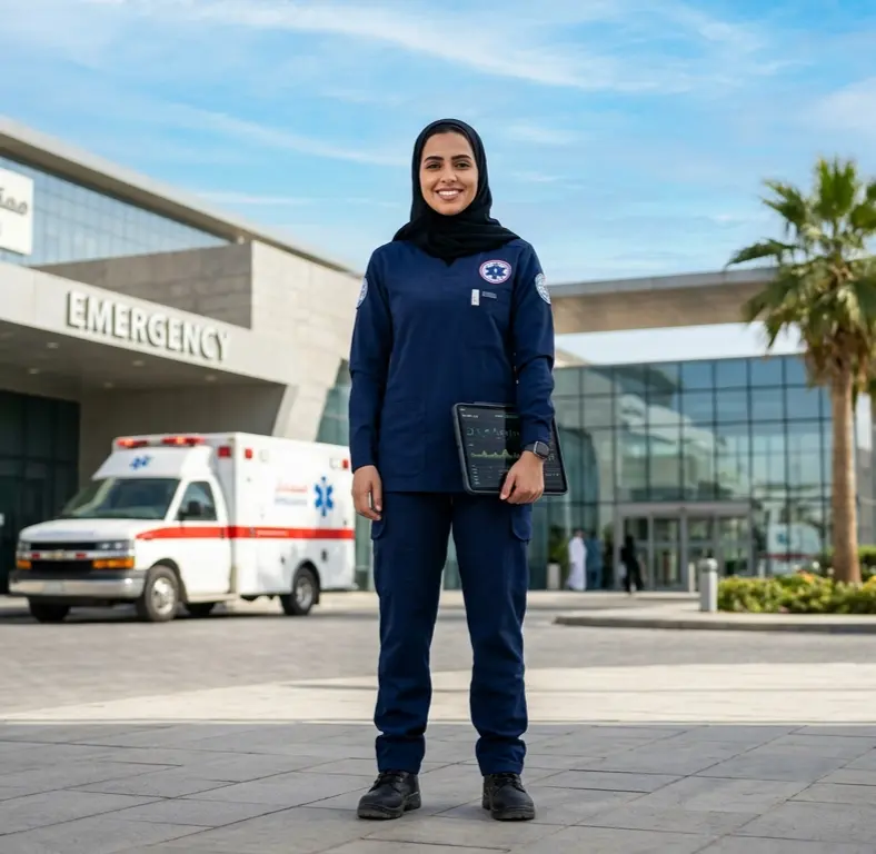 A professional medical officer standing outside a modern hospital, representing the checklist for EMTs moving to Saudi Arabia.