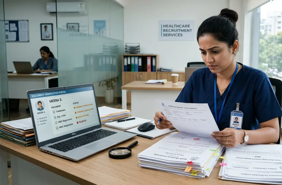 Common Reasons DataFlow Verification Gets Delayed or Rejected, shown by an Indian nurse reviewing verification documents beside a laptop