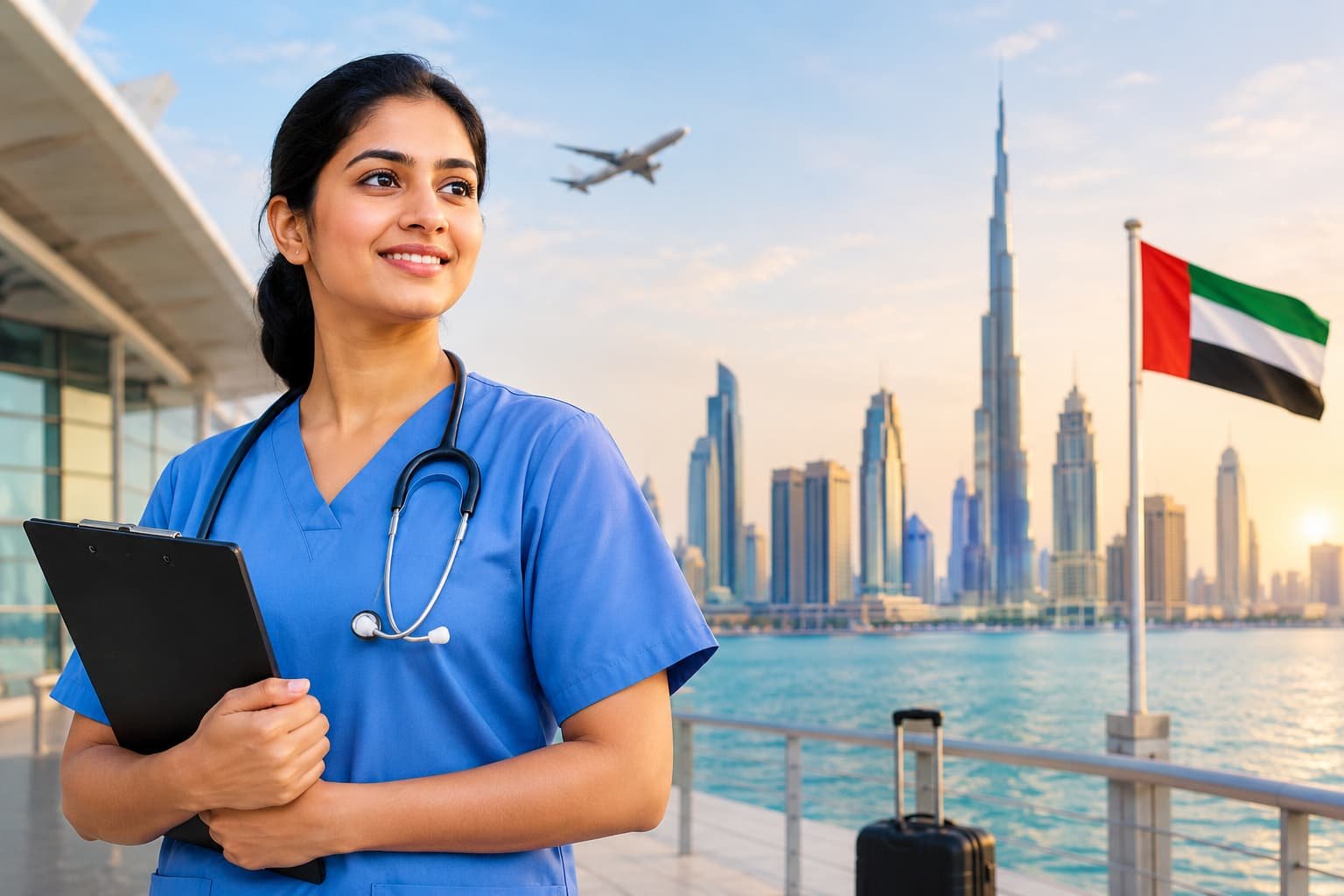 GCC Nursing Jobs for Indian Nurses featuring an Indian nurse in blue scrubs with Dubai skyline, UAE flag, airplane, and travel suitcase.